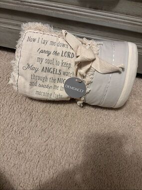Demdaco Neutral Fringed Prayer Pillow - Light Gray & Cream